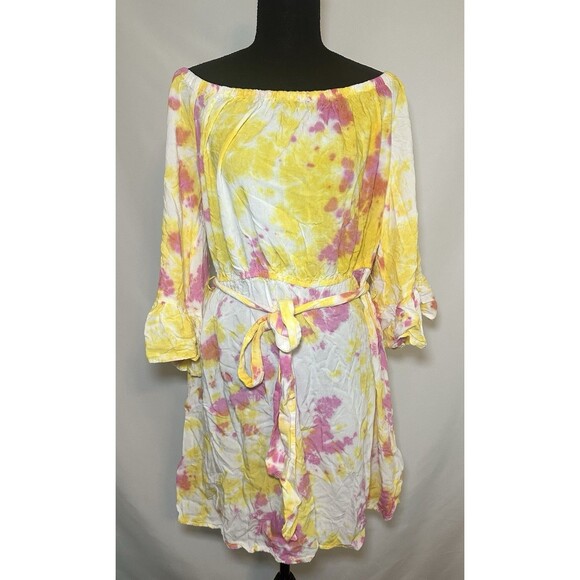 Feathers Tie Dye Off‎ Shoulder Mini Dress Boho Bright Women's Plus 1X - Picture 1 of 12